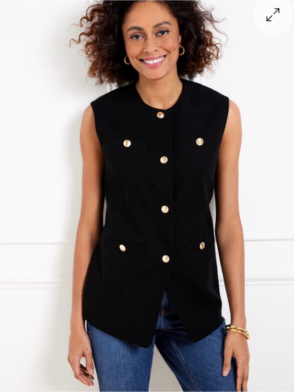 Talbots Black Sleeveless Button Front Vest with Gold Buttons
